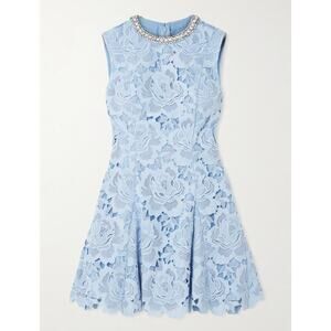 SELF-PORTRAIT Crystal-embellished pleated guipure lace mini dress US 2